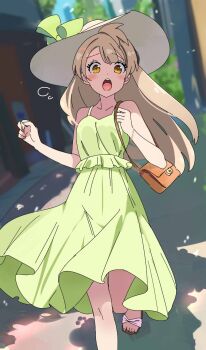 Rule 34 | 1girl, :o, bag, bare shoulders, brown hair, bunbun (midukikome), collarbone, commentary request, dress, dutch angle, foot out of frame, green dress, handbag, hat, highres, leg up, long hair, looking at viewer, love live!, love live! school idol project, minami kotori, open mouth, orange bag, outdoors, running, sandals, sleeveless, sleeveless dress, solo, sun hat, teeth, toes, upper teeth only, white hat