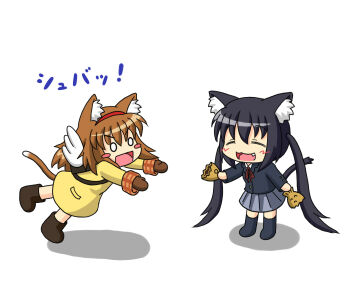 00s 2girls animal_ears backpack bag black_hair brown_hair cat_ears cat_tail chibi crossover closed_eyes fang feeding food k-on! kanon mittens multiple_girls nakano_azusa o_o outstretched_arm outstretched_arms outstretched_hand randoseru reaching school_uniform sharing short_hair tail taiyaki tsukimiya_ayu twintails wagashi wings yunkaasu_(kakushiaji)