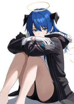 Rule 34 | 1girl, arknights, asymmetrical gloves, barefoot, black coat, black shorts, blue eyes, blue hair, coat, commentary request, crossed arms, gloves, halo, highres, horns, kanghak, long hair, mismatched gloves, mostima (arknights), shirt, shorts, sitting, white background, white shirt