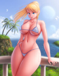 Rule 34 | 1girl, bad tag, beach house, big breasts, bikini, blonde hair, blue bikini, blue eyes, breasts, cleavage, curvy, day, female, female focus, hair in wind, home, huge breasts, large breasts, long hair, looking at viewer, metroid, naughty face, navel, nintendo, palm trees, pink lips, ponytail, saf-404, saf 404, safartwoks, safartworks, samus aran, shiny body, smile, smirk, solo, standing, straight hair, sunlight rays, swimsuit, thick thighs, thighs, video game character, wide hips