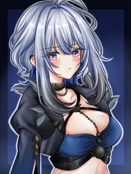 1girl absurdres black_jacket blue_bra bra breasts cleavage closed_mouth commentary cropped_jacket ear_piercing galbrena_(wuthering_waves) gold_choker grey_hair highres jacket looking_at_viewer medium_breasts medium_hair piercing purple_eyes seno_(snllian) sidelocks solo underwear upper_body wuthering_waves