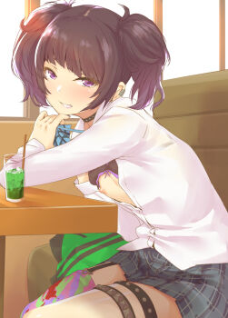 1girl arms_on_table asymmetrical_legwear black_bra black_choker black_hair bow bowtie bra bra_lift breasts breasts_out choker clothes_grab clothes_lift commentary_request cup diagonal_bangs drink drinking_glass earrings female_focus flashing garter_straps green_jacket grin highres idol idolmaster idolmaster_shiny_colors indoors jacket jewelry leaning_forward looking_at_viewer miniskirt nail_polish neckwear_grab nipples nukkoru open_clothes open_shirt oppai_challenge plaid_bow plaid_bowtie plaid_clothes plaid_neckwear plaid_skirt pleated_skirt purple_eyes restaurant school_uniform shirt short_twintails single_thighhigh sitting skirt small_breasts smile solo spiked_choker spikes tanaka_mamimi teeth thigh_strap thighhighs twintails underwear uneven_legwear white_shirt window