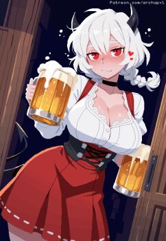 1girl alcohol alternate_costume alternate_hairstyle archapxl artist_name barmaid beer beer_mug black_choker black_horns blush braid braided_ponytail breasts choker cleavage commentary cup demon demon_girl demon_horns english_commentary german_clothes helltaker highres holding holding_cup horns large_breasts malina_(helltaker) mug oktoberfest pixel_art red_eyes short_hair slit_pupils solo standing tail twitter_username watermark wavy_mouth web_address white_hair wooden_door