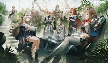 2boys 5girls alpha_(pgr) animal_ears black_footwear blonde_hair blue_eyes breasts bridget:_ardeo_(pgr) bridget_(pgr) character_request eyewear_on_head fingerless_gloves gloves grey_hair heterochromia highres jacket long_hair multiple_boys multiple_girls no._21:_feral_(pgr) no._21_(pgr) noctis:_indomitus_(pgr) noctis_(pgr) official_art on_tree punishing:_gray_raven red_eyes second-party_source shoes single_sock sitting socks spiked_thigh_strap stairs tail tree white_jacket yata:_fulgor_(pgr) yata_(pgr)