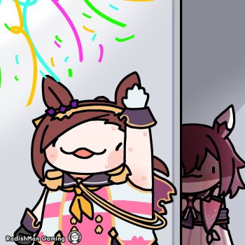 Rule 34 | 2girls, :3, animal ears, arm up, artist name, asymmetrical gloves, chibi, detached sleeves, ear covers, epaulettes, gloves, gold hairband, hair flaps, hairband, highres, horse ears, horse girl, horse tail, japanese clothes, kimono, mismatched gloves, multiple girls, pink kimono, pink sleeves, ponytail, radishman, sakura bakushin o (blossom in learning) (umamusume), sakura bakushin o (umamusume), sakura chiyono o (hinoshita kaisan hana akari) (umamusume), sakura chiyono o (umamusume), shaded face, sleeveless, sleeveless jacket, sleeveless kimono, sweat, tail, umamusume