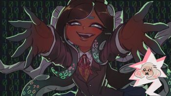 2girls absurdly_long_hair arms_up backlighting binary black_background black_hair blazer brown_jacket cephalopod_eyes collared_shirt cosplay crossover dark dark-skinned_female dark_skin doki_doki_literature_club fang flat_chest foreshortening hair_ribbon half-closed_eyes highres image_in_speech_bubble incoming_hug inkling jacket light_blush long_hair long_sleeves looking_at_viewer marina_(splatoon) mole mole_under_mouth monika_(doki_doki_literature_club) monika_(doki_doki_literature_club)_(cosplay) multiple_girls neck_ribbon nintendo number_background octoling open_mouth outstretched_arms pearl_(splatoon) reaching reaching_towards_viewer red_ribbon ribbon school_uniform shirt side_part signature solo_focus splatoon_(series) splatoon_2 sweater_vest terrifiedpuddin upper_body very_long_hair white_ribbon white_shirt wing_collar yellow_sweater_vest
