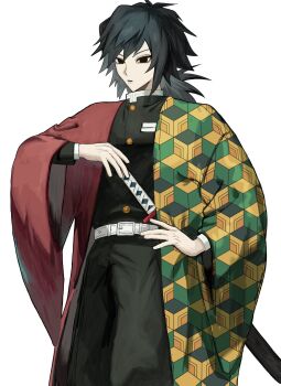 1boy belt black_hair black_jacket black_pants buttons cowboy_shot demon_slayer_uniform empty_eyes gold_buttons hand_up haori henp_12 high_collar highres holding holding_sword holding_weapon jacket japanese_clothes katana kikkoumon kimetsu_no_yaiba long_hair low_ponytail male_focus pants ponytail print_haori red_haori simple_background solo spiked_hair standing sword tomioka_giyuu weapon white_background white_belt