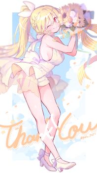 1girl ;) alternate_costume ankle_ribbon bare_arms bare_legs bare_shoulders blonde_hair blue_background blurry border bouquet bow braid breasts choker closed_mouth contrapposto depth_of_field dot_nose english_text flower full_body green_ribbon hair_ribbon halterneck happy head_tilt high_heels high_ponytail highres holding holding_bouquet large_breasts leaf leg_ribbon long_hair looking_away looking_back looking_to_the_side magia_record:_mahou_shoujo_madoka_magica_gaiden mahou_shoujo_madoka_magica no_bra one_eye_closed polka_dot ponytail pumps red_eyes ribbon ribbon_choker rose see-through_clothes serizawa_serizane shiny_skin shoes short_shorts shorts sideboob simple_background smile solo square standing striped_ribbon sunflower text_focus thank_you togame_momoko twitter_username waist_bow waist_cape white_border white_bow white_flower white_ribbon white_rose white_shoes white_shorts yellow_flower yellow_ribbon yellow_rose yellow_theme