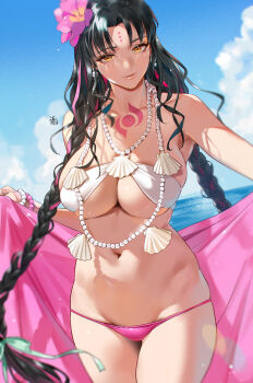 1girl bare_shoulders bikini bikini_bridge black_hair blue_sky blush bracelet braid breasts chest_tattoo cleavage day facial_mark fate/grand_order fate_(series) flower forehead_mark hair_flower hair_ornament jewelry large_breasts long_hair looking_at_viewer multicolored_hair navel necklace parted_bangs pearl_bracelet pearl_necklace pink_hair sarong sessyoin_kiara sessyoin_kiara_(swimsuit_mooncancer)_(first_ascension) shell shell_necklace sky streaked_hair swimsuit tattoo thighs twin_braids very_long_hair white_bikini yd_(orange_maru) yellow_eyes