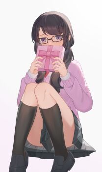 1girl absurdres black-framed_eyewear black_hair black_shoes black_thighhighs blush cardigan commentary_request covering_own_mouth gift glasses grey_background grey_skirt highres holding holding_gift lin_x long_hair long_sleeves looking_at_viewer low_twintails miniskirt noge_tomoko persona persona_5 persona_5:_the_phantom_x pink_cardigan pleated_skirt purple_eyes school_uniform shoes simple_background sitting skirt solo thighhighs twintails valentine