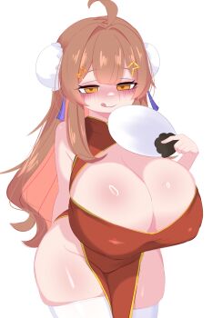 1girl ahoge blue_ribbon blush breasts brown_eyes brown_hair bun_cover china_dress chinese_clothes cleavage cleavage_cutout clothing_cutout double_bun dress hair_bun hair_ornament hair_ribbon hairclip hand_fan holding holding_fan huge_breasts indie_virtual_youtuber kukuchi581 long_hair looking_at_viewer minami_rin_(vtuber) paper_fan red_dress ribbon side_slit sleeveless sleeveless_dress smile standing thick_thighs thighhighs thighs tongue tongue_out virtual_youtuber white_background white_thighhighs wide_hips