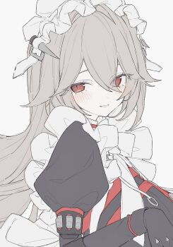 Rule 34 | 1girl, alexandrina sebastiane, black dress, black gloves, blush, breasts, commentary request, dress, from side, gloves, grey hair, hair between eyes, hand up, highres, hk nnm, large breasts, long hair, looking at viewer, maid, maid headdress, parted lips, portrait, red eyes, simple background, smile, solo, white background, zenless zone zero