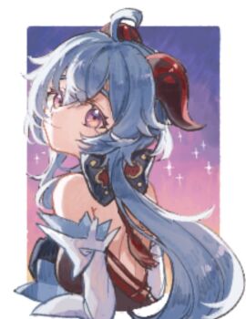 1girl ahoge bare_back bare_shoulders black_gloves blue_background blue_hair commentary_request detached_sleeves ganyu_(genshin_impact) genshin_impact gloves goat_horns gradient_background highres horns long_sleeves looking_at_viewer mozu_(teluto) orange_background pink_background purple_background purple_eyes solo sparkle upper_body yellow_background