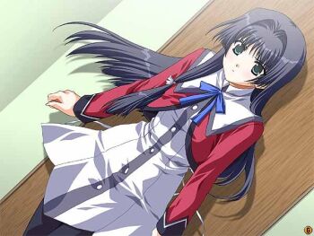 1girl black_hair black_thighhighs blue_bow bow doko_e_iku_no_ano_hi door embarrassed game_cg green_eyes kanno_touko kunimi_ema long_hair non-web_source pout school_uniform thighhighs