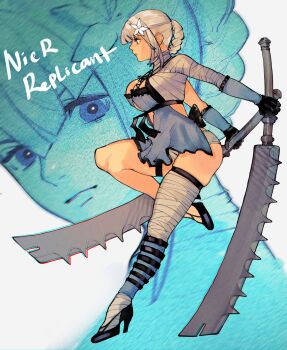1girl absurdres backless_outfit bandaged_arm bandaged_leg bandaged_neck bandages blue_negligee braid braided_hair_rings breasts dual_wielding english_text flower franzkafkaffee gloves hair_flower hair_ornament hair_rings high_heels highres holding holding_sword holding_weapon jagged_sword kaine_(nier) large_breasts lingerie looking_at_viewer lunar_tear multiple_views negligee nier nier_(series) panties sidelocks solo sword underwear weapon white_background white_hair