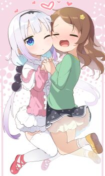 Rule 34 | 2girls, beads, black skirt, blue eyes, brown hair, brown shoes, closed eyes, closed mouth, dot mouth, green shirt, hair beads, hair ornament, heart, highres, kanna kamui, kobayashi-san chi no maidragon, long hair, long sleeves, makuran, miniskirt, multiple girls, one eye closed, open mouth, red shoes, saikawa riko, shirt, shoes, skirt, sphere hair ornament, thighhighs, twintails, very long hair, white thighhighs, yuri