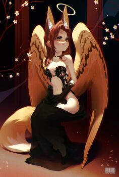 1girl animal_ears animal_nose black_dress black_gloves body_fur breasts brown_eyes brown_hair choker collarbone commentary dress furry furry_female gloves halo highres long_hair medium_breasts navel original pita-potato sitting smile solo tail wings