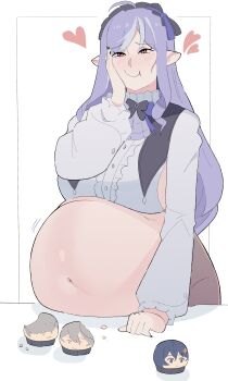 1girl absurdres belle_(zenless_zone_zero) big_belly blush breasts fat fat_woman female_focus food heart highres large_breasts long_hair muffin nail_polish napolitane navel pointy_ears purple_hair red_eyes solo vivian_banshee wise_(zenless_zone_zero) zenless_zone_zero