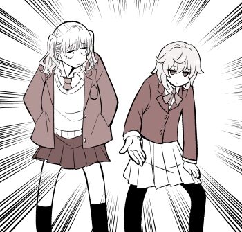 2girls black_pantyhose black_socks blazer closed_mouth collared_shirt emphasis_lines expressionless expressionless_kouhai_(kato_takuji) feet_out_of_frame gyaru hand_on_own_thigh hands_in_pockets highres jacket jitome kato_takuji kneehighs long_sleeves looking_at_another looking_at_viewer looking_to_the_side medium_hair mole mole_under_mouth monochrome multiple_girls neck_ribbon necktie open_clothes open_jacket original outstretched_hand pantyhose pleated_skirt ribbon sanpaku sanshita_gyaru_(kato_takuji) school_uniform shirt side-by-side simple_background skirt socks standing sweater twintails white_background