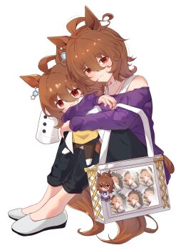 1girl absurdres agnes_tachyon_(casual)_(umamusume) agnes_tachyon_(tach-nology)_(umamusume) agnes_tachyon_(umamusume) ahoge animal_ears bag black_pants blush bra_strap breasts brown_hair casual character_doll chemical_structure closed_mouth doll earrings hair_between_eyes highres holding holding_doll horse_ears horse_girl horse_tail huge_ahoge hugging_doll hugging_object jewelry knees_up lab_coat long_sleeves looking_at_viewer medium_hair nanaken_(qijian23092715) necklace off-shoulder_shirt off-shoulder_sweater off_shoulder pants pantyhose purple_shirt purple_sweater red_eyes shirt shoes shoulder_bag simple_background single_earring sitting sleeves_past_fingers sleeves_past_wrists smile stuffed_toy sweater tail umamusume white_background yellow_sweater