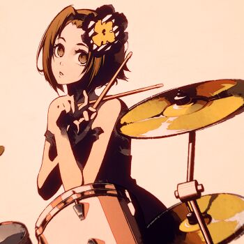 1girl black_dress black_hairband brown_eyes brown_hair dress drum drum_set drumsticks flower hair_flower hair_ornament hairband holding holding_drumsticks instrument k-on! moshimoshibe short_hair simple_background solo tainaka_ritsu