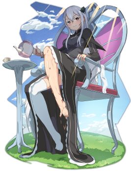 1girl absurdres barefoot blush brown_eyes chair echidna_(re:zero) feet grey_hair highres long_hair looking_at_viewer onabe915 re:zero_kara_hajimeru_isekai_seikatsu sitting smile socks tea teapot thighhighs toes transparent_background unworn_socks unworn_thighhighs white_thighhighs