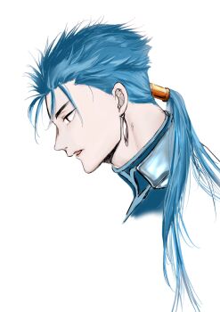 1boy blue_hair cropped_head cu_chulainn_(fate) cu_chulainn_(fate/stay_night) cu_chulainn_(lancer)_(fate) earrings fate/stay_night fate_(series) from_side hair_tubes high_collar jewelry looking_down medium_hair murakage parted_lips ponytail red_eyes simple_background single_earring single_hair_tube solo tongue white_background