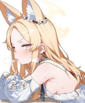 1girl animal_ears blue_archive blush bow breasts commentary_request detached_sleeves dress flower fox_ears fox_girl hair_flower hair_ornament halo heoningu long_hair looking_at_viewer open_mouth pink_eyes seia_(blue_archive) sideboob simple_background sleeveless sleeveless_dress small_breasts solo sweat white_background white_bow white_dress white_flower yellow_bow yellow_halo