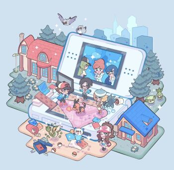 +_+ 3boys 4girls ahoge professor_juniper bag baseball_cap bianca_(pokemon) black_hair black_pants black_vest blonde_hair blue_bag blush book box brown_hair building cheren_(pokemon) commentary cottonee denim denim_shorts door fennel_(pokemon) fire flower gen_5_pokemon glasses green_headwear handheld_game_console hat hilbert_(pokemon) hilda_(pokemon) jacket leaphere multiple_boys multiple_girls n_(pokemon) nintendo nintendo_ds one_eye_closed orange_legwear oshawott pants pantyhose paw_print petilil pidove plant pokemon pokemon_(creature) pokemon_bw potted_plant shirt shoes short_shorts shorts shoulder_bag snivy standing starter_pokemon_trio tepig trash_can tree two-tone_headwear vest white_shirt window