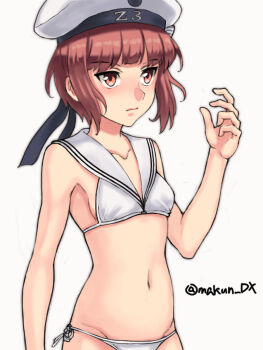 1girl bikini breasts brown_eyes brown_hair clothes_writing collarbone cowboy_shot hat highres kantai_collection lowleg lowleg_bikini maakun_(makun_dx) one-hour_drawing_challenge sailor_bikini sailor_collar sailor_hat short_hair side-tie_bikini_bottom simple_background small_breasts solo swimsuit twitter_username white_background white_bikini white_hat white_sailor_collar z3_max_schultz_(kancolle) z3_max_schultz_(swimsuit)_(kancolle)