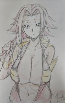 1girl blue_eyes breasts cleavage code_geass collarbone highres huge_breasts kouzuki_kallen navel open_clothes red_hair solo yoo_tenchi