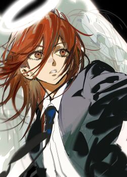 1boy androgynous angel_devil_(chainsaw_man) angel_wings avandee11949 black_background black_jacket blue_necktie brown_eyes brown_hair chainsaw_man collared_shirt feathered_wings hair_between_eyes halo highres jacket long_hair male_focus necktie parted_lips shirt sketch suit_jacket upper_body white_shirt white_wings wings