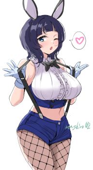 1girl ;o \// animal_ears armpit_crease asaka_karin bare_shoulders black_bow black_bowtie blue_eyes blue_gloves blue_hair blue_shorts bow bowtie breasts center_frills commentary cowboy_shot ereka fake_animal_ears fishnet_pantyhose fishnets frilled_shirt frills gloves highres huge_breasts looking_at_viewer love_live! love_live!_nijigasaki_high_school_idol_club midriff navel nontraditional_playboy_bunny one_eye_closed open_mouth pantyhose rabbit_ears shirt short_shorts shorts sleeveless sleeveless_shirt solo suspenders_pull traditional_bowtie twitter_username white_shirt wolf_cut