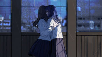 2girls absurdres black_hair black_sailor_collar black_skirt blue_hair commentary_request cowboy_shot from_side highres hug indoors long_hair long_sleeves medium_hair multiple_girls mutual_hug original pleated_skirt sailor_collar school_uniform serafuku shirt skirt water_drop white_shirt window window_shadow yamiko160