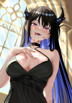 absurdres bare_shoulders black_dress black_hair blood blood_on_breasts blood_on_face blood_on_hands blue_hair church dfswift dress fangs highres hololive hololive_english horns long_hair multicolored_hair nerissa_ravencroft pink_eyes tongue tongue_out