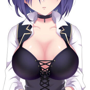 1girl alternate_breast_size black_bra bra breast_growth breasts choker cleavage collarbone face_cutout front-tie_bra highres kurosaki_mei large_breasts omega_labyrinth_life open_clothes open_mouth purple_hair school_uniform short_hair simple_background u35 underwear white_background
