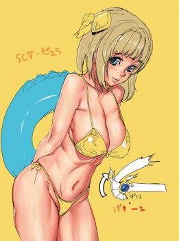 Rule 34 | 1girl, ashiomi masato, blonde hair, blue eyes, breasts, cleavage, closed mouth, hair ornament, innertube, large breasts, looking at viewer, navel, pyrrha alexandra, short hair, simple background, smile, solo, soul calibur, soulcalibur, soulcalibur v, swim ring, swimsuit