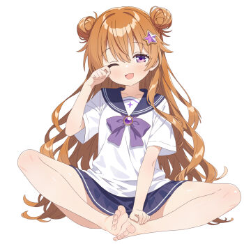 1girl barefoot blush brown_hair double_bun feet hair_bun highres konoe_kanata long_hair looking_at_viewer love_live! love_live!_nijigasaki_high_school_idol_club one_eye_closed open_mouth purple_eyes soles toes tr_(pixiv67424465) white_background