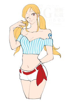 1girl arm_behind_back bare_shoulders belt belt_ribbon blue_shirt breasts brown_eyes cleavage closed_mouth collarbone commentary cowboy_shot cropped_shirt long_hair looking_at_viewer low_twintails medium_breasts midriff nami_(one_piece) navel off-shoulder_shirt off_shoulder official_alternate_costume official_alternate_hairstyle one_eye_closed one_piece orange_hair red_belt shirt short_shorts shorts shoulder_tattoo sidelocks simple_background smile solo striped_clothes striped_shirt tattoo thighs twintails vertical-striped_clothes vertical-striped_shirt white_background white_shorts yuu_(youandtoufu06)
