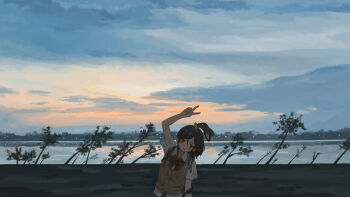 Rule 34 | 1girl, absurdres, animal ears, arm out of frame, arm up, bag, black bag, black hair, blue theme, blush, bow, bowtie, braid, brown bow, brown bowtie, brown skirt, brown vest, buttons, carrot hair ornament, city lights, closed mouth, cloud, cloudy sky, commentary, dim lighting, extra ears, food-themed hair ornament, hair ornament, head tilt, highres, kouroul, leaning to the side, light blush, light smile, looking at viewer, multiple braids, original, rabbit ears, red eyes, reflection, reflective liquid, river, riverbank, scenery, shirt, short hair, short sleeves, skirt, sky, smile, solo, standing, sunset, swept bangs, tree, tri braids, untucked shirt, upper body, v, vest, water, white shirt, wide shot