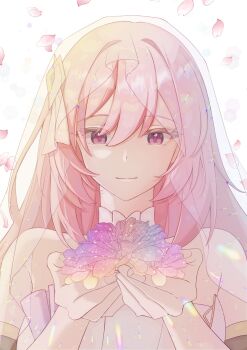 1girl bare_shoulders breasts bridal_veil commentary_request corset elysia_(herrscher_of_human:_ego)_(honkai_impact) elysia_(honkai_impact) falling_petals flower highres holding holding_flower honkai_(series) honkai_impact_3rd large_breasts long_hair looking_at_viewer petals pink_hair purple_eyes simple_background solo upper_body veil very_long_hair white_background white_corset yozen_tuki