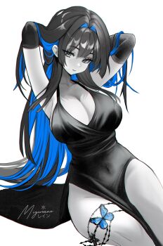Rule 34 | 1girl, absurdres, alternate costume, black dress, blue butterfly, blue hair, breasts, bug, butterfly, butterfly ornament, cleavage, closed mouth, colored inner hair, covered navel, dress, evening gown, grey eyes, greyscale, hair intakes, highres, hololive, hololive english, insect, large breasts, long hair, mizurane, monochrome, multicolored hair, ouro kronii, simple background, solo, two-tone hair, virtual youtuber, white background