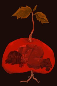 Rule 34 | 1boy, belt, black hair, boots, curled up, encasement, fetal position, highres, iron lung (movie), itsyaboiuhcaleb, male focus, medium hair, phone, plant, plant roots, simon (iron lung), solo, tunic, wavy hair