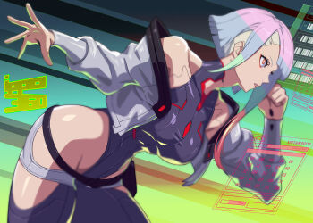 1girl artist_name bare_shoulders bodysuit breasts cyberpunk:_edgerunners cyberpunk_(series) cyborg gradient_background green_background grey_hair guilty_gear hologram ippo jacket large_breasts lips lucy_(cyberpunk) makeup red_eyes serious thighs