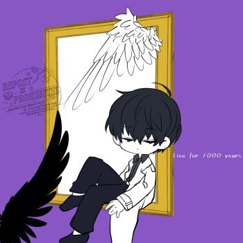 1boy ahoge black_hair black_shirt black_wings closed_eyes coat collared_shirt english_text hair_between_eyes hashtag-only_commentary highres kim_dokja kimidori_22 knee_up leaning_to_the_side omniscient_reader&#039;s_viewpoint open_clothes open_coat portrait_(object) shirt short_hair sitting solo through_medium white_coat white_wings wings