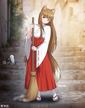 1girl animal_ears blush broom brown_hair closed_mouth commentary dust english_commentary flat_chest full_body hakama highres holding holding_broom holo japanese_clothes kimono long_hair looking_at_viewer miko photo_background red_eyes red_hakama sandals smile solo spice_and_wolf stairs sweeping tail white_kimono wolf_ears wolf_girl wolf_tail yellyvi zouri
