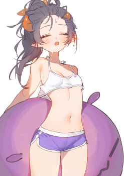 1girl absurdres bare_arms blush breasts chocosong cleavage closed_eyes commentary_request cowboy_shot crop_top dolphin_shorts ear_blush fang gradient_hair highres holding holding_swim_ring hololive hololive_english innertube long_hair mole mole_under_eye multicolored_hair navel ninomae_ina'nis open_mouth orange_hair pointy_ears ponytail purple_hair short_shorts shorts simple_background skin_fang small_breasts solo standing stomach swim_ring tank_top tentacle_hair virtual_youtuber white_background white_tank_top