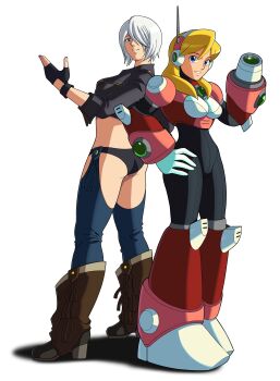 Rule 34 | 2girls, absurdres, alia (mega man), android, angel (kof), arm cannon, armor, backless pants, black panties, blonde hair, blue eyes, boots, breasts, chaps, chest jewel, clenched teeth, commission, cowboy boots, crop top, cropped jacket, diegodoodles, fingerless gloves, full body, gloves, hair over one eye, headset, highres, jacket, large breasts, leather, leather jacket, long hair, looking at viewer, mega man (series), mega man x (series), midriff, multiple girls, navigator, panties, pants, pink armor, robot ears, robot girl, short hair, smile, teeth, the king of fighters, toned, toned female, two side up, underwear, weapon, white hair