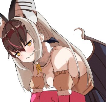 Rule 34 | 1girl, animal ears, bare shoulders, bat ears, bat girl, bat wings, blush, breasts, brown eyes, brown hair, brown long-eared bat (kemono friends), commentary request, elbow gloves, extra ears, gloves, grey hair, kemono friends, kemono friends v project, large breasts, leotard, llb, long hair, looking at viewer, microphone, multicolored hair, pantyhose, simple background, skirt, solo, streaked hair, virtual youtuber, wings