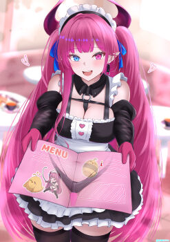 1girl :d absurdres alternate_costume apron azur_lane bare_shoulders black_dress blue_eyes blue_ribbon blush breasts buttons cleavage commentary_request demon_girl demon_horns detached_sleeves dress earrings enmaided frilled_dress frills gloves hair_ribbon hands_up happy heart_button heterochromia highres holding holding_menu horns indoors jewelry large_breasts long_hair maid maid_headdress mecklenburg_(azur_lane) mecklenburg_(branding_witchcraft)_(azur_lane) medium_breasts menu navel o-ring o-ring_top open_mouth paashe pink_eyes pink_gloves pink_hair ribbon see-through_clothes slit_pupils smile solo standing stomach thigh_gap thighs translation_request very_long_hair waist_apron white_apron